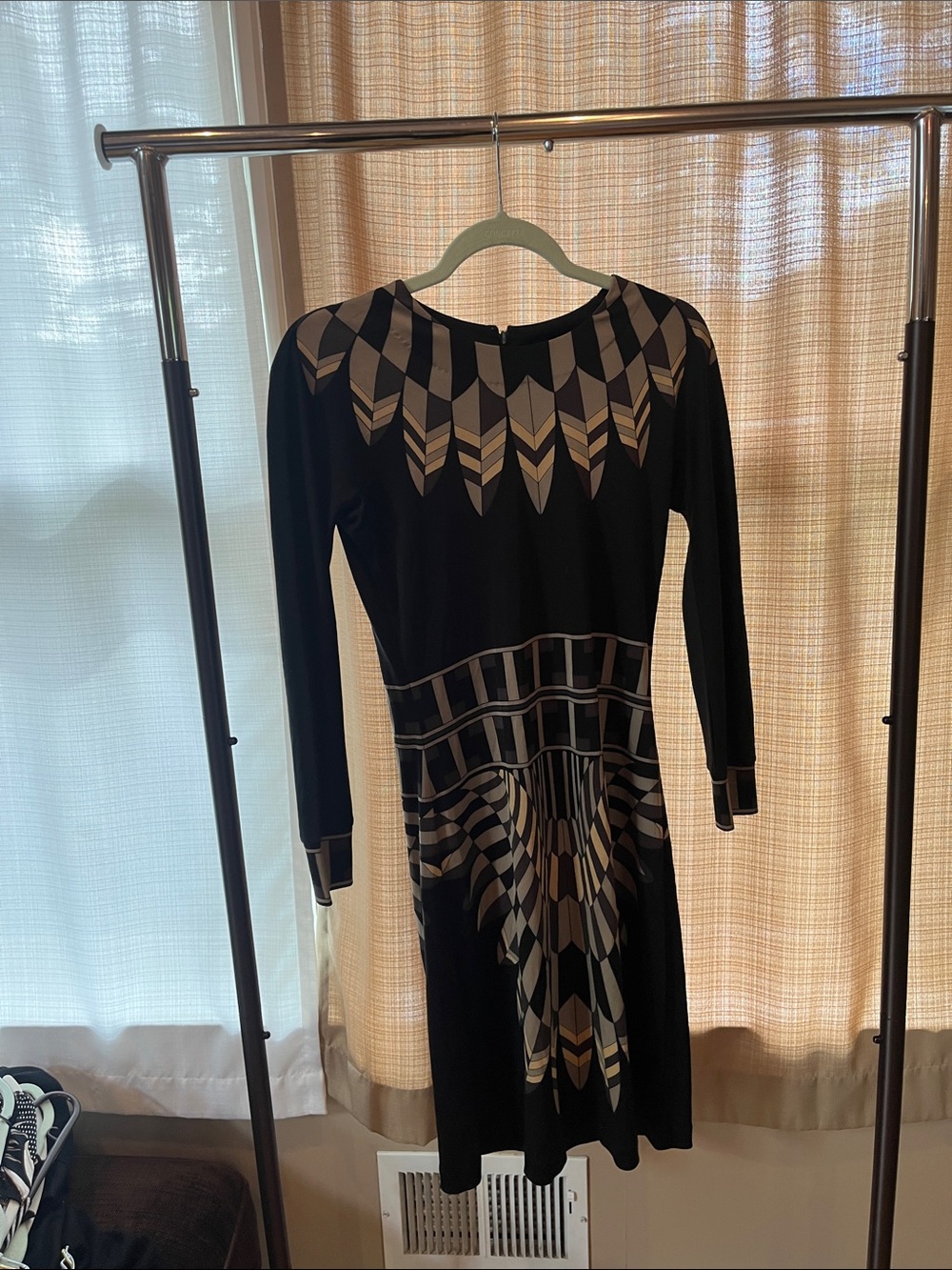 Tory Burch Black Geometric-Print Long-Sleeve Dress with Tan and Cream Accents